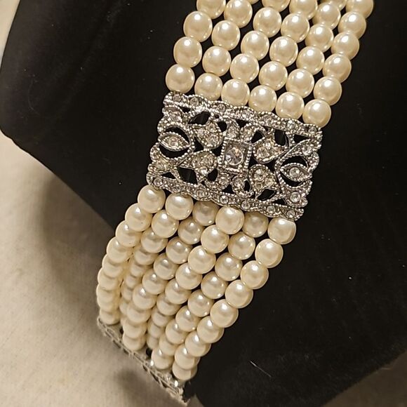 Vintage Eduardian Style Multistrand Faux Pearl Diamond Choker Necklace - Picture 4 of 11